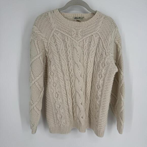 Vintage Eddie Bauer sweater womens medium M ivory cableknit fisherman old money - Picture 1 of 4